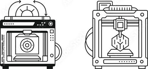 3D printer illustration, modern technology device, digital manufacturing concept, innovation and design process, futuristic printing machine, engineering creativity art
