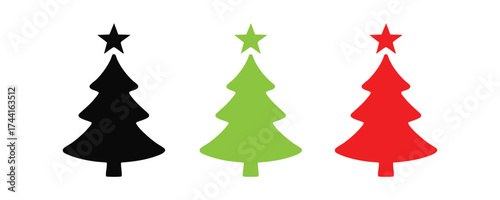 Trio of Stylized Christmas Tree Icons in Black, Green, and Red