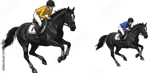 Horse racing illustration, professional jockeys riding galloping horses, equestrian competition artwork, speed and power sports design, dynamic animal motion vector