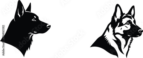 German shepherd dog head vector, black and white dog illustration, strong loyal pet design, guard dog silhouette artwork