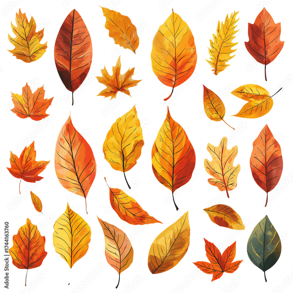 Obraz premium a collection of watercolor autumn leaves in shades of red, orange, and yellow are scattered across a white background.