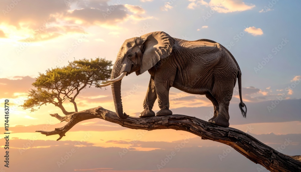 Fototapeta premium Elephant Walking on a Tree Branch in Magical Forest
