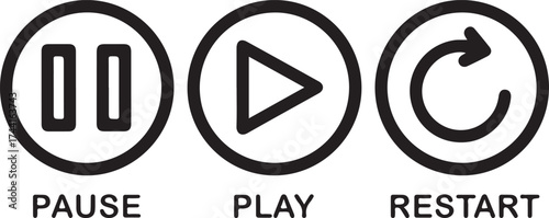Vector art of pause, play, and restart icons media control symbols for video and audio player buttons for multimedia playback user interface elements for media applications 