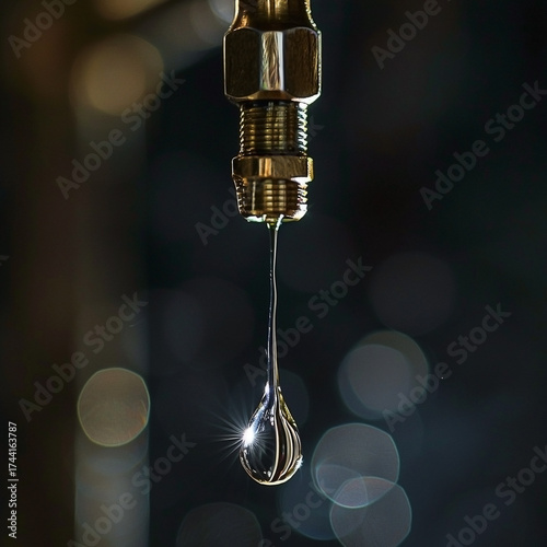 Wallpaper Mural Single water droplet hanging from a metallic faucet, illuminated by bokeh lights Torontodigital.ca