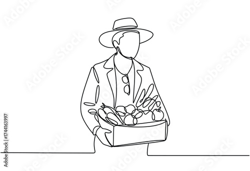 Minimalist line art depicting a farmer wearing a hat holding a basket of fresh produce
