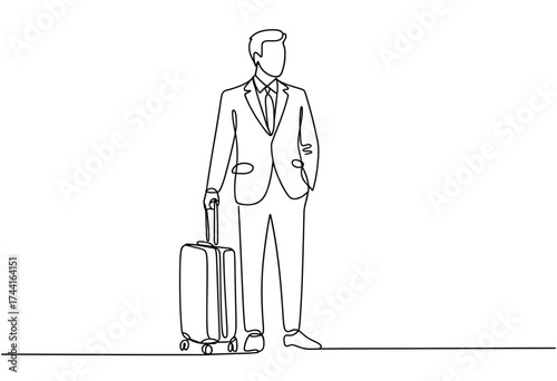 Minimalist line art depicting a businessman standing confidently with a suitcase ready for travel