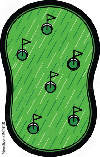 Vector art of a snowshoe is depicted in a black and white illustration,raining green with multiple flag holes 