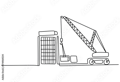 Minimalist line art depicting a construction crane working on a tall building structure