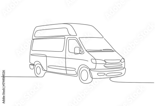Minimalist single line drawing of a camper van with a pop top roof on a white background