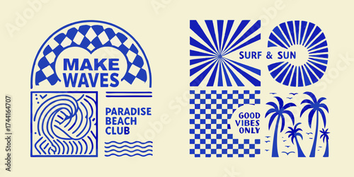 Retro blue and white beach graphics with palm trees surf sun and good vibes text