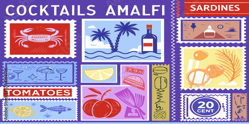 Collection of stylized postage stamps featuring amalfi coast themes like cocktails seafood fruits and coastal imagery