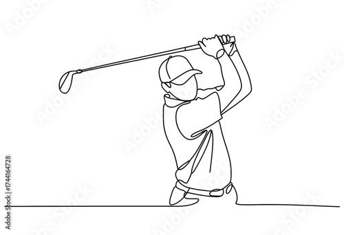 Dynamic line art depicts a golfer executing a powerful swing with a golf club