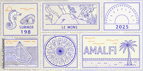 Collection of hand drawn blue ink stamps featuring summer travel destinations and zodiac symbols