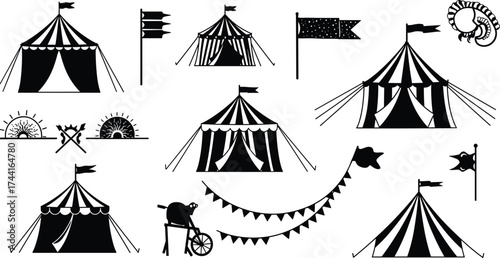 Circus tent silhouettes, vintage carnival icons, black and white vector art, fairground elements, whimsical festival graphics, retro design clipart