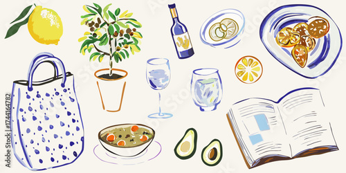 A vibrant watercolor illustration of a still life featuring food drink and leisure items