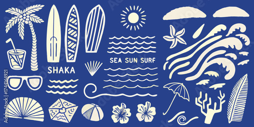 Collection of hand drawn beach and surf elements including surfboards palm tree sunglasses and ocean waves