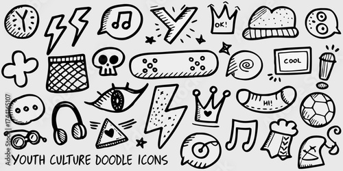 Collection of hand drawn youth culture doodle icons and symbols for design