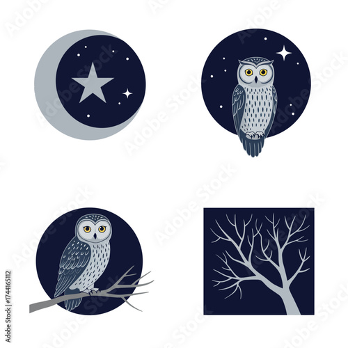 Winter tree silhouettes and owl under moonlight – serene nighttime forest vector illustration