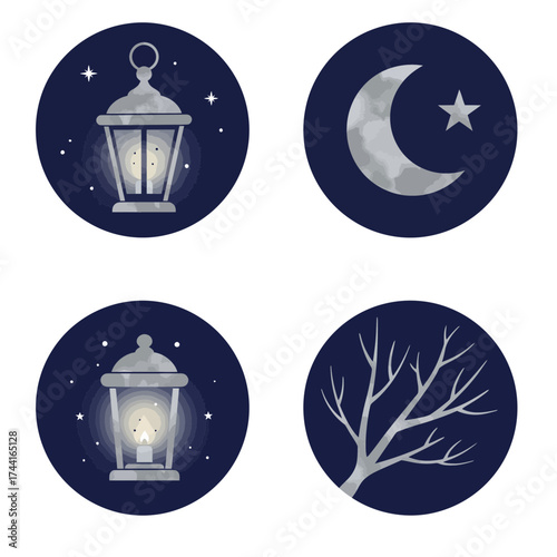 Glowing lanterns and moon phases – mystical night sky and stars vector set