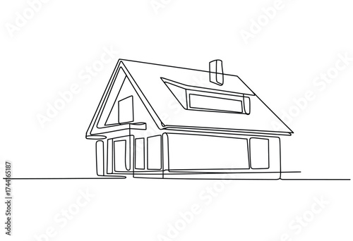 Minimalist single line drawing of a modern a frame house with a dormer window and chimney