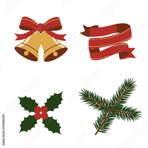 Christmas red bow, ribbons, and gift candle with mistletoe – festive holiday decoration vector set
