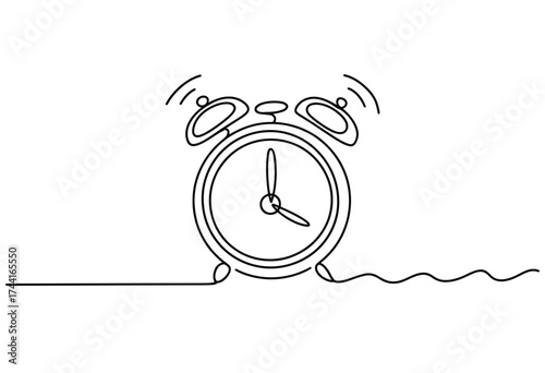 Simple line art drawing of a classic twin bell alarm clock ringing loudly