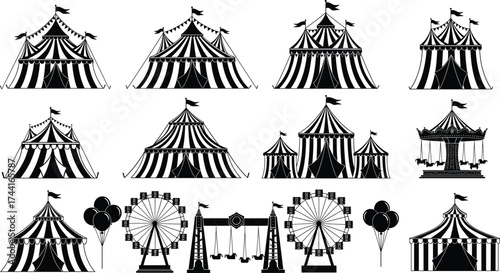 Circus tent vector set, carnival rides, ferris wheel, swing ride, balloons, retro fairground, amusement park clipart, illustration