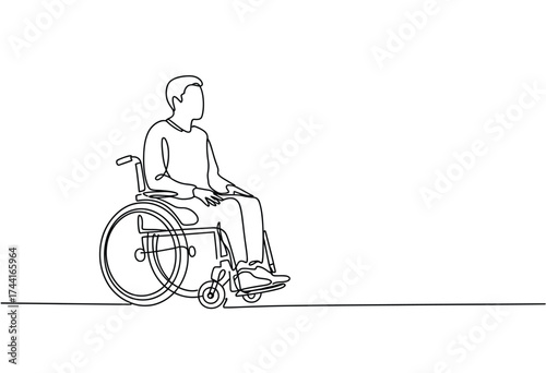 Minimalist line art depicting a person in a wheelchair facing towards the right side