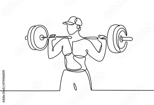 Continuous line drawing of a fit person performing a barbell squat exercise in a gym setting