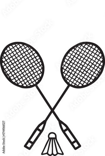 Badminton icon in black silhouette with crossed rackets and shuttlecock for sports, recreation, and physical activity themes