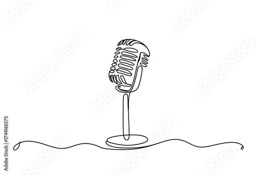Elegant single line drawing of a vintage microphone on a stand with a wavy cord