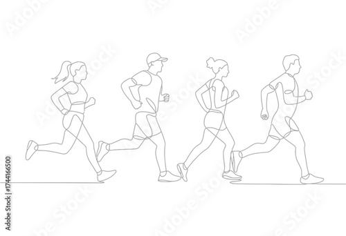 Dynamic line art illustration capturing the energetic motion of four diverse runners in full stride
