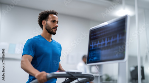 Fototapeta Naklejka Na Ścianę i Meble -  Cardiovascular exercise test in sports science laboratory with ECG analysis cardiovascular exercise test, sports science laboratory, ECG analysis screen, medical technology in fitn