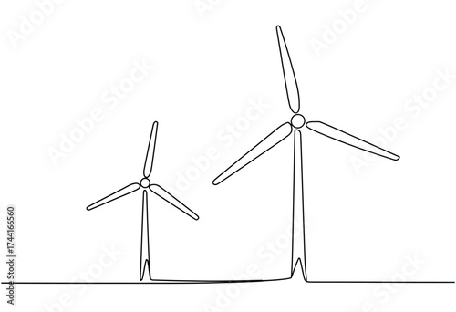 Minimalist line art drawing of two wind turbines of varying sizes against a stark white background