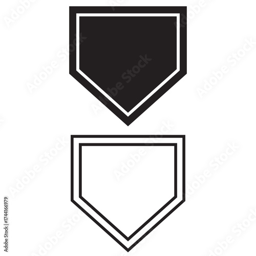Baseball home plate icons in  outline design. Two simple baseball home plate icons, one filled and one outlined, representing sports symbols or design elements . 