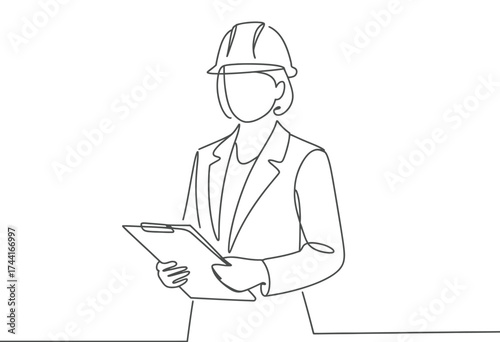 A woman engineer wearing a hard hat and holding a clipboard in a simple line drawing style