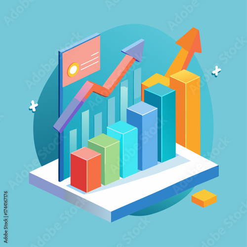 Isometric 3D bar chart showing upward trend and financial growth isolated on a light blue background for presentations.