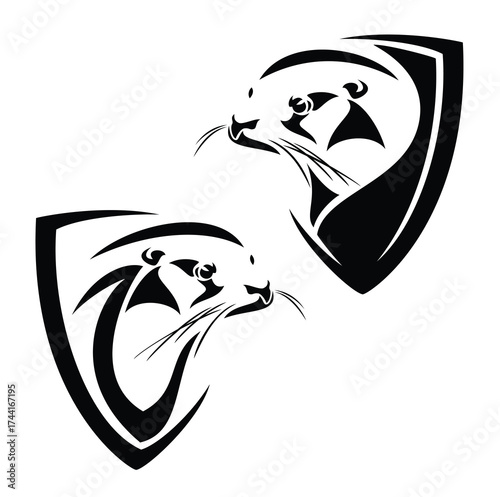 simple style heraldic shield with cute wild otter profile head for wildlife conservation concept - black and white vector coat of arms design