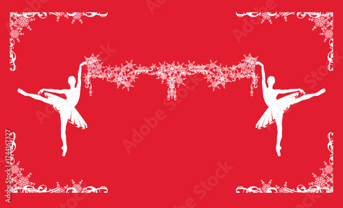 red and white vector frozen ornament of standing en pointe ballet dancers and winter snow flakes forming festive border copy space frame