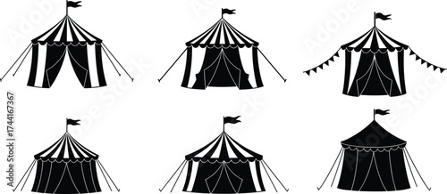 Circus tent vector set, black and white clipart, vintage carnival icons, festival silhouette graphics, retro fairground design elements