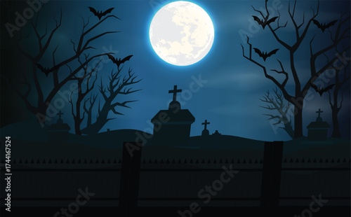 Realistic halloween night  full moon and haunted hill spoke graveyard with bats flying