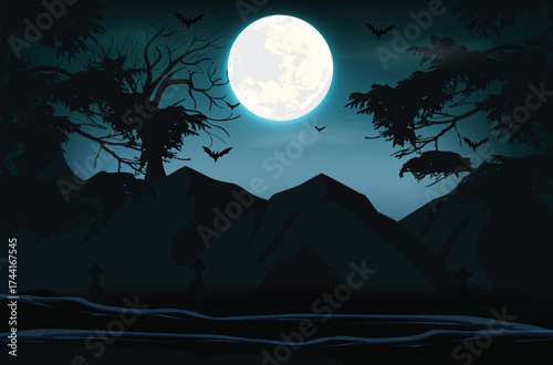 Dark halloween background with moonlight over cemetery hill flying bats dead trees