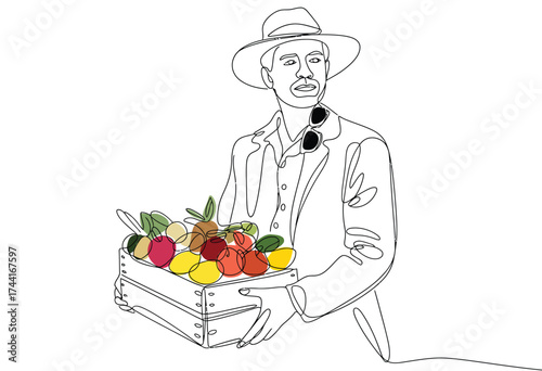 A vintage sketch of a man in a hat holding a crate overflowing with fresh colorful fruits and herbs