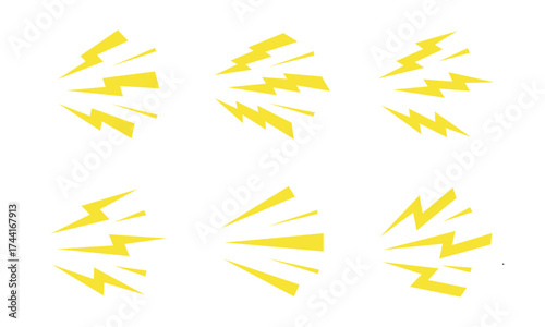 Thunderbolt shock cartoon icons. Yellow lightning burst, shouting, noise and loud sound symbols. Energetic comic electric flashes for action, power, speed, and danger effects. vector illustration eps