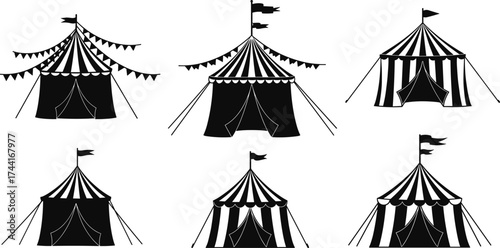 Circus tent clipart, black and white vector, vintage carnival icons, festival graphics, retro fairground design, silhouette illustration set