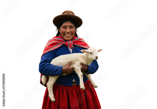 Smiling Andean woman in traditional dress holding a lamb isolated on transparent background, indigenous Peruvian culture PNG