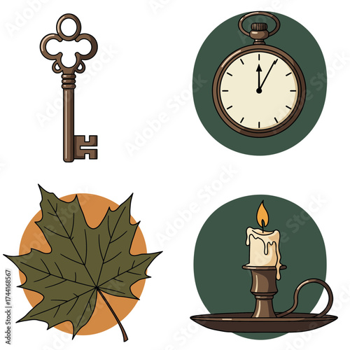 Vintage Clock and Key Minimal Flat Vector for Time and Mystery Concept
