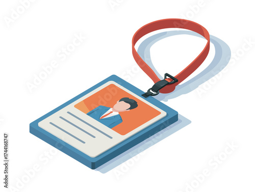 Isometric view of an ID badge with a lanyard and a person in a blue suit on the photo