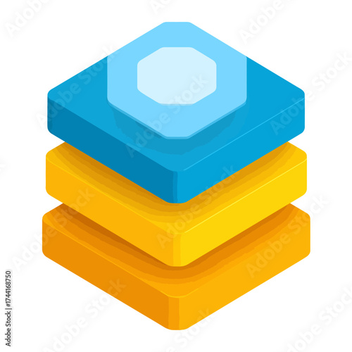 A vector illustration depicting a stack of three colored geometric shapes, layerd blue over yellow