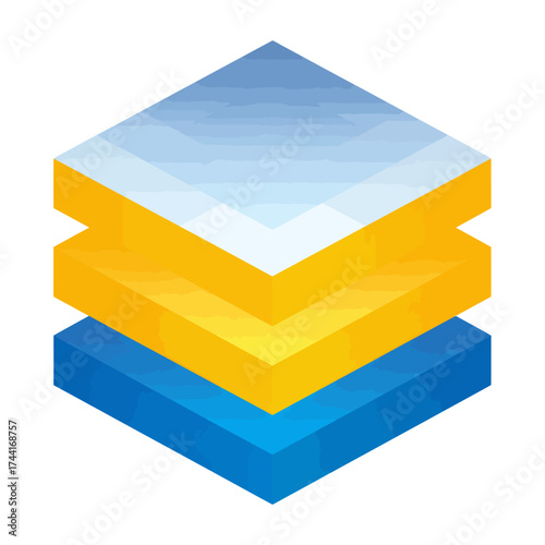 A layered, three-dimensional geometric illustration depicting a stack of three colorful square prisms